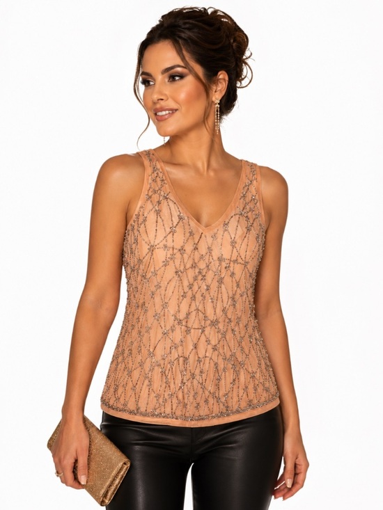 Topshop Tops - Topshop Peach & Silver Beaded Fairycore Romantic V-Neck Pullover Blouse Size 4